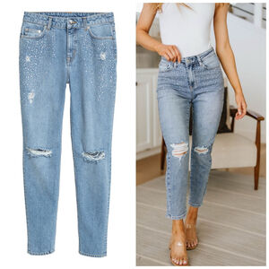 H&M Divided Boyfriend Slim Low Silver Rhinestone Distressed Straight Jeans US 8